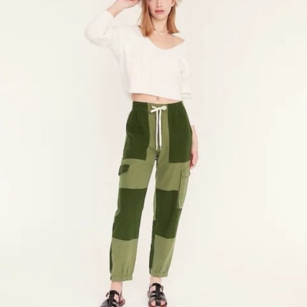J Crew Tie Waist Linen Blend Cargo Pants Green Size 0 Colorblock